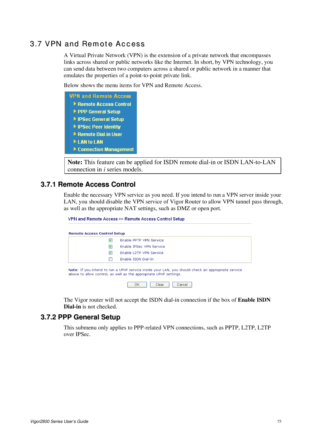 Draytek 2800 Series manual VPN and Remote Access, Remote Access Control, PPP General Setup 