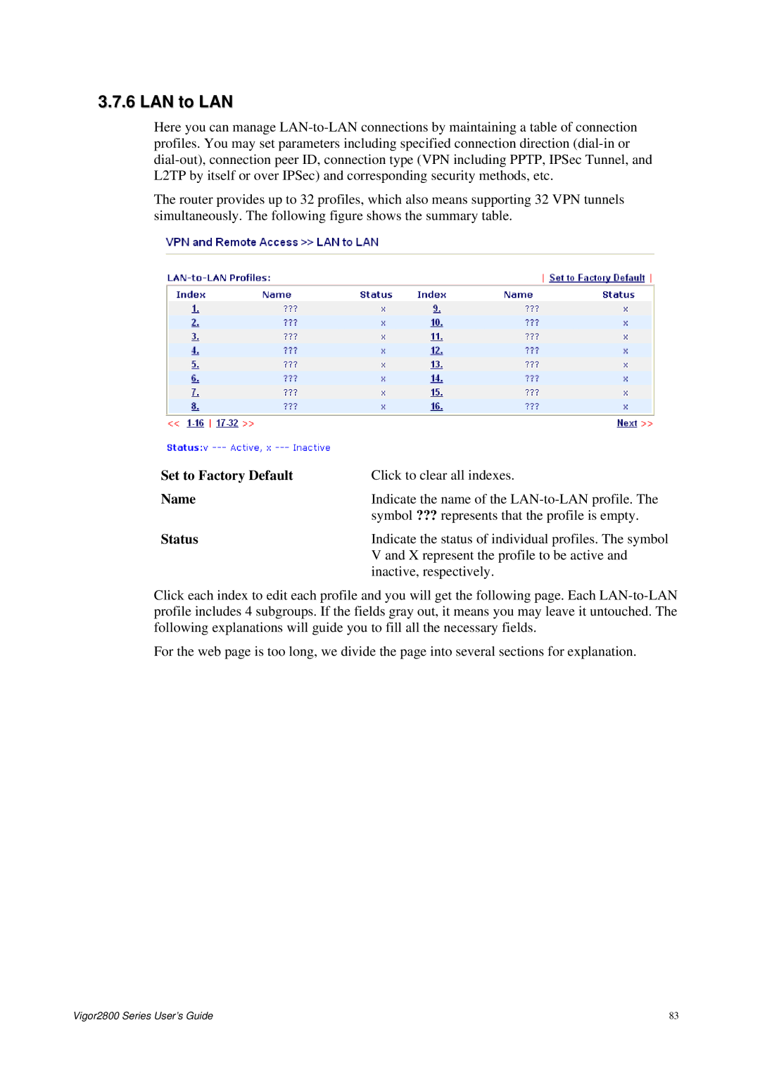 Draytek 2800 Series manual LAN to LAN, Set to Factory Default 