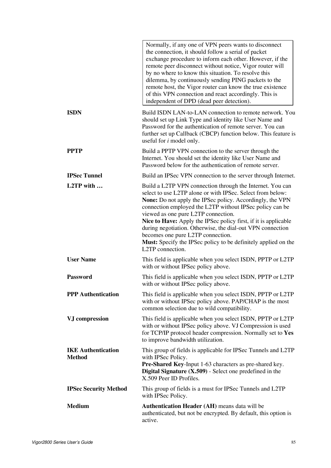 Draytek 2800 Series manual L2TP with …, PPP Authentication, VJ compression, IKE Authentication, Method 