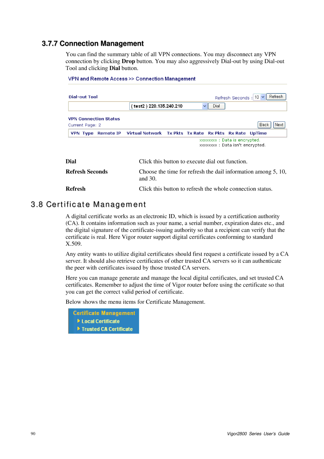 Draytek 2800 Series manual Certificate Management, Connection Management, Dial, Refresh Seconds 