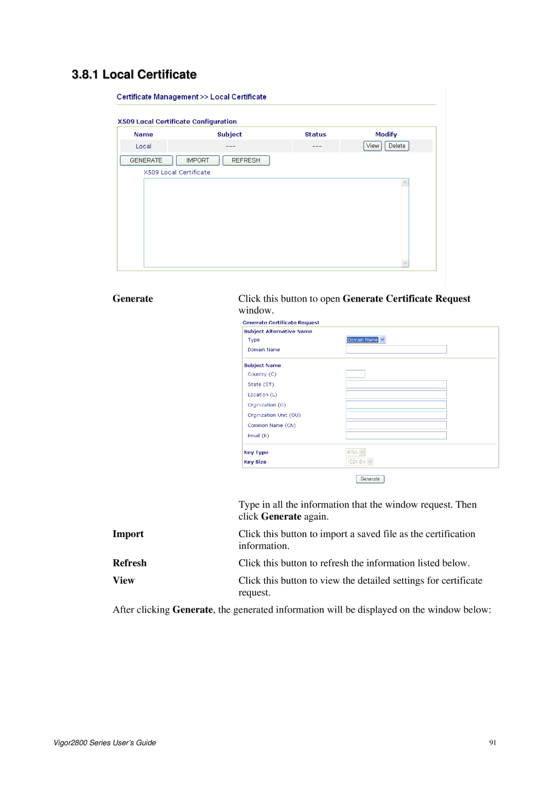 Draytek 2800 Series manual Local Certificate, Generate, Import, View 