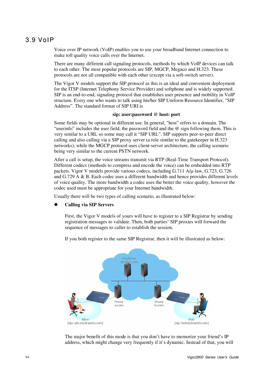 Draytek 2800 Series manual VoIP, Sip userpassword @ host port, Calling via SIP Servers 