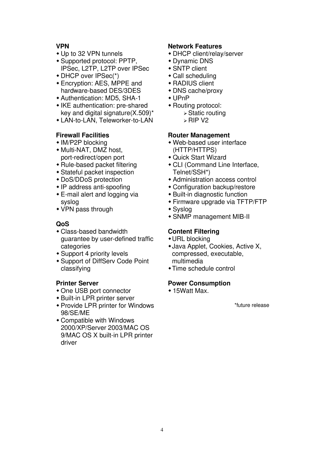 Draytek 2800 manual Firewall Facilities, QoS, Printer Server, Network Features, Router Management, Power Consumption 