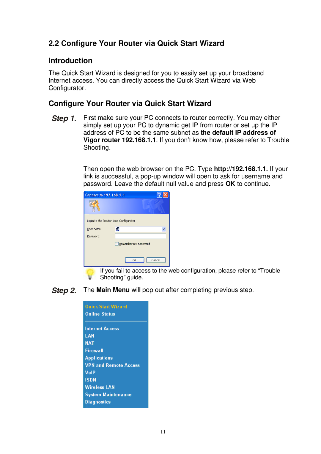 Draytek 2800 manual Configure Your Router via Quick Start Wizard Introduction 