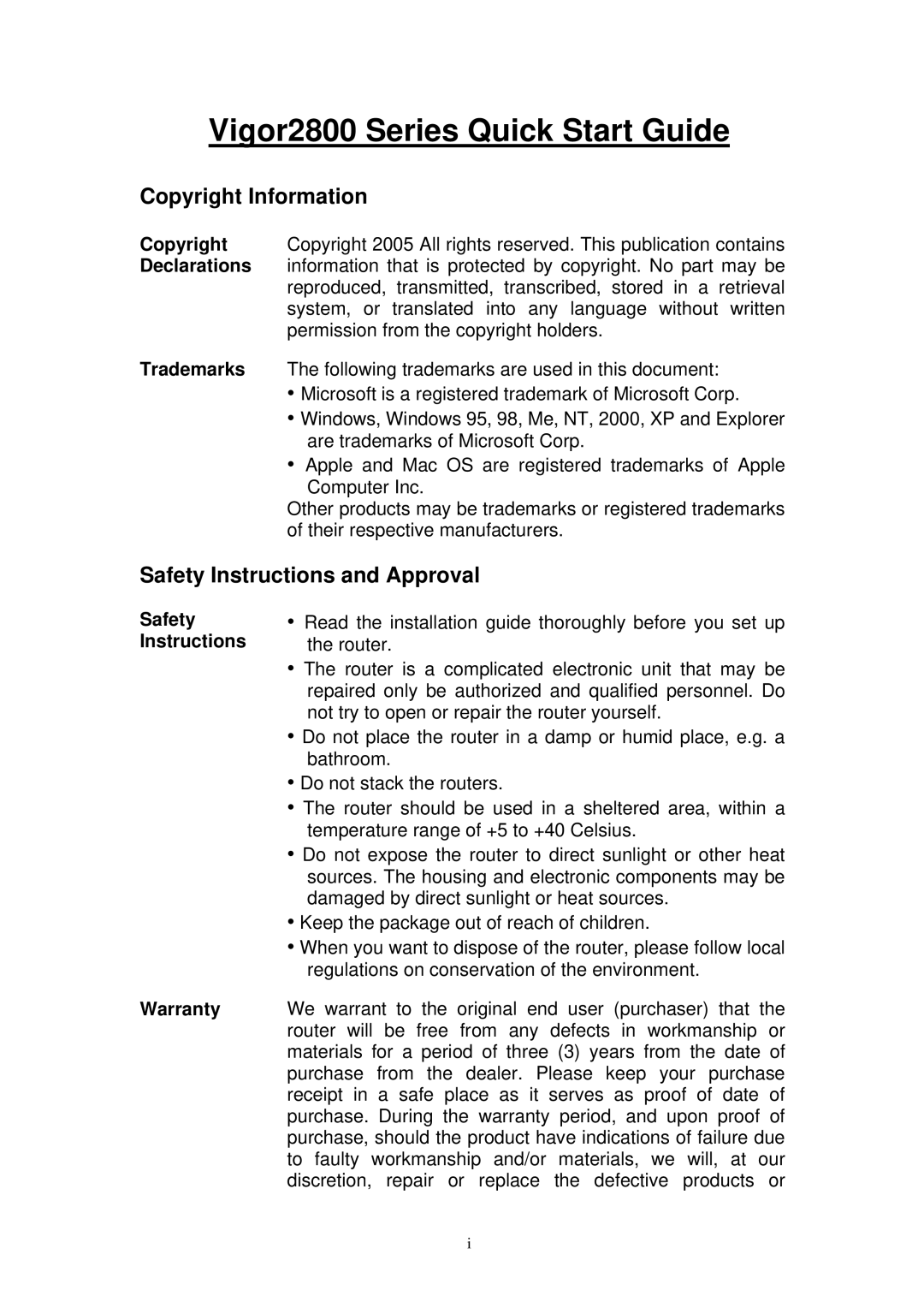 Draytek 2800 manual Copyright Information, Safety Instructions and Approval, Warranty 