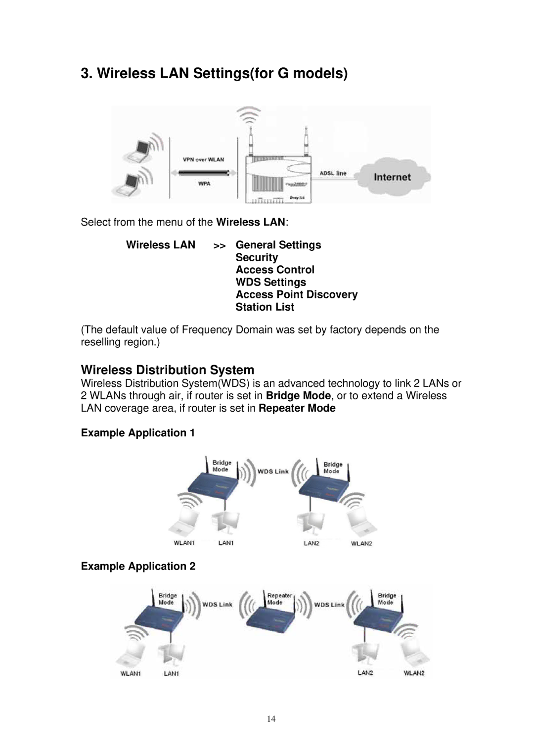 Draytek 2800 manual Wireless LAN Settingsfor G models, Wireless Distribution System, Example Application 