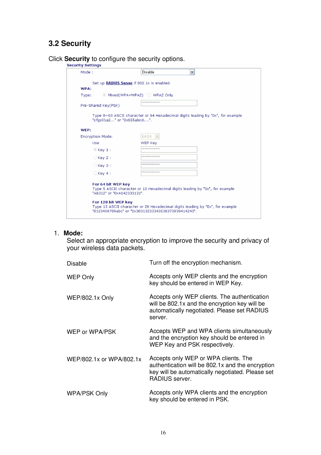 Draytek 2800 manual Security, Disable WEP Only WEP/802.1x Only 