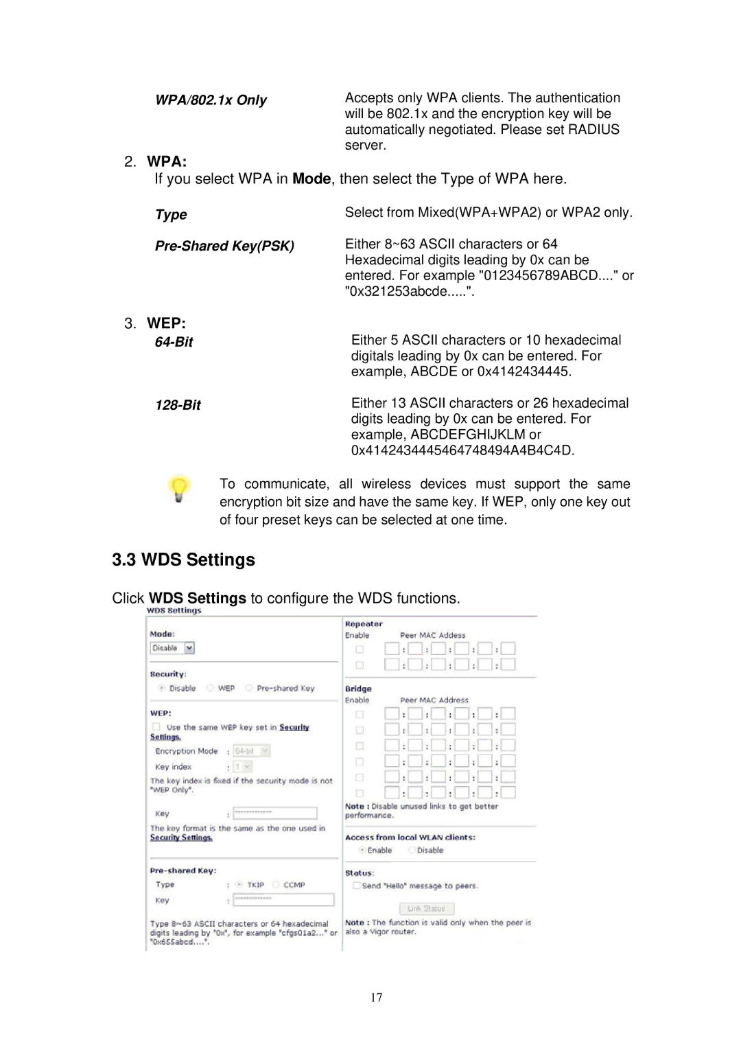 Draytek 2800 manual WDS Settings, Wpa, Wep 