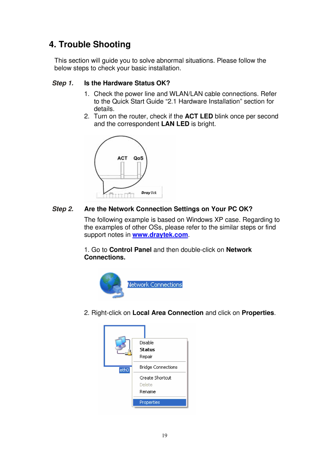 Draytek 2800 manual Trouble Shooting, Is the Hardware Status OK?, Are the Network Connection Settings on Your PC OK? 