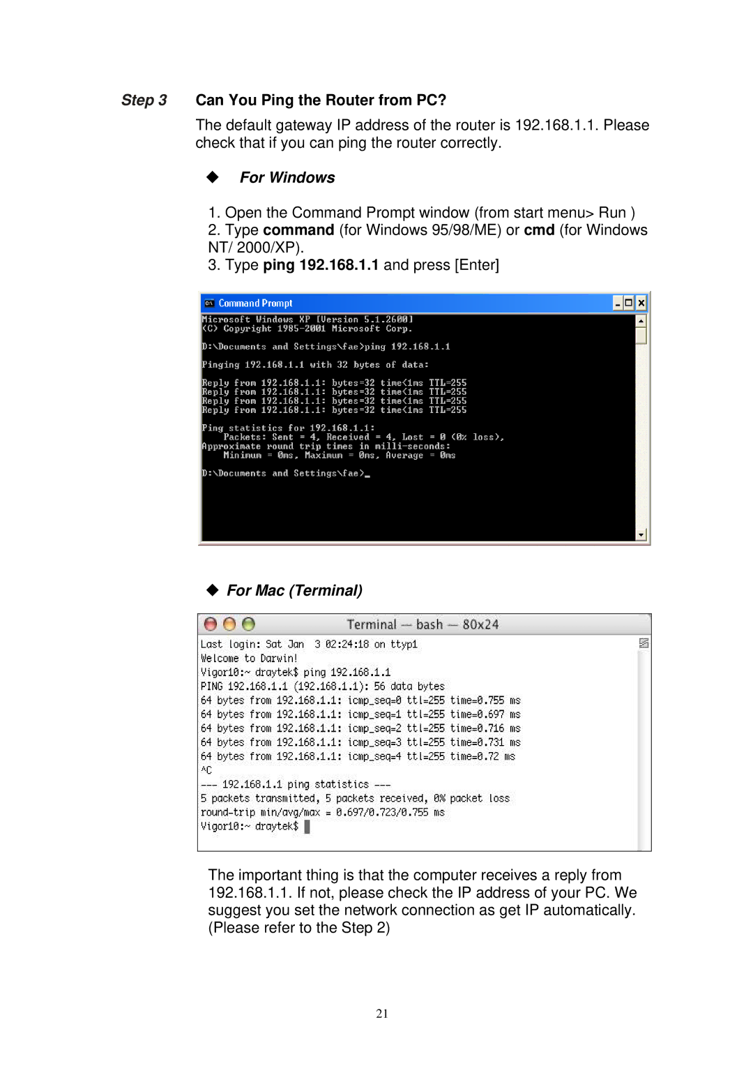 Draytek 2800 manual Can You Ping the Router from PC?, ‹ For Windows, ‹ For Mac Terminal 