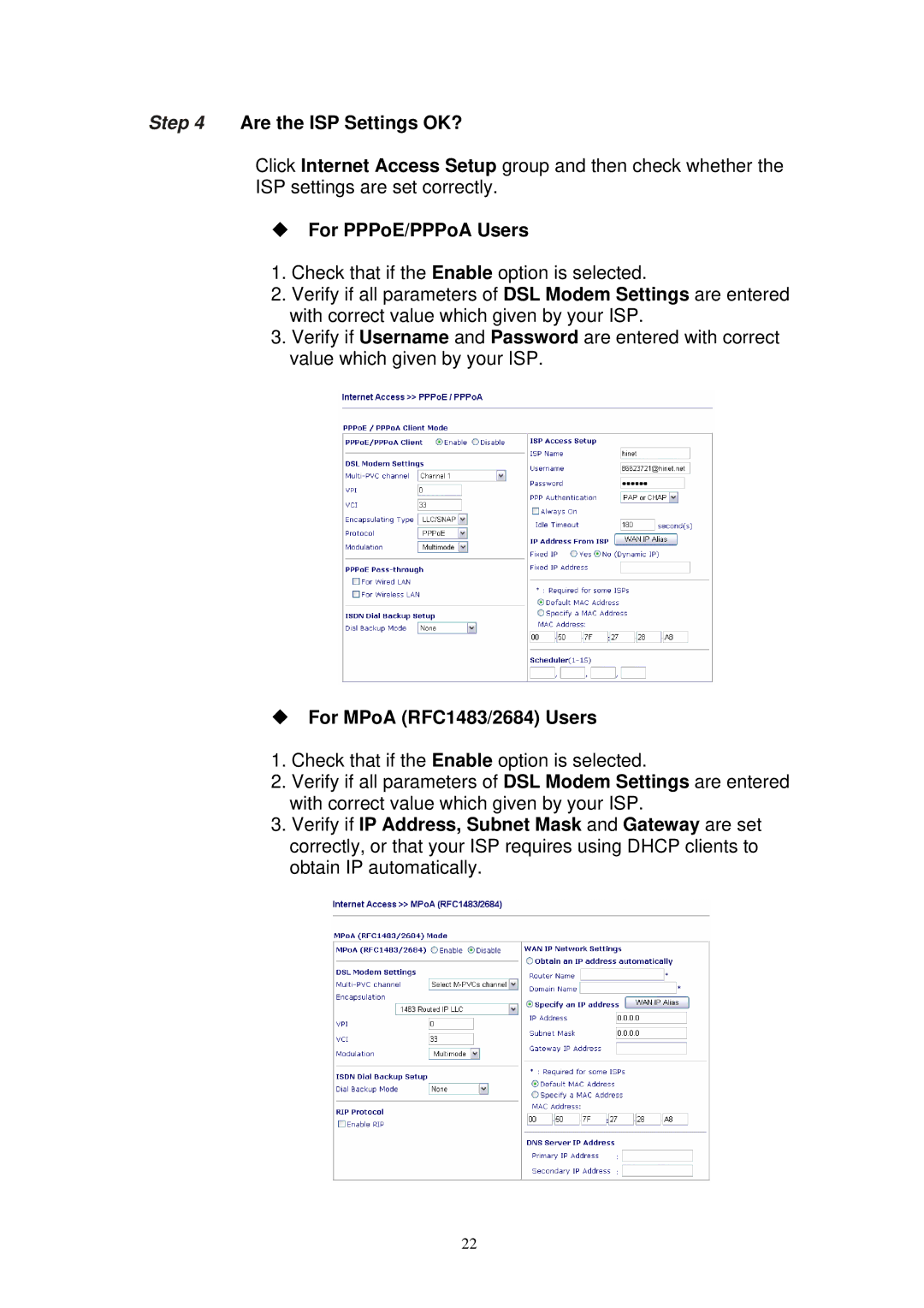 Draytek 2800 manual Are the ISP Settings OK?, ‹ For PPPoE/PPPoA Users, ‹ For MPoA RFC1483/2684 Users 