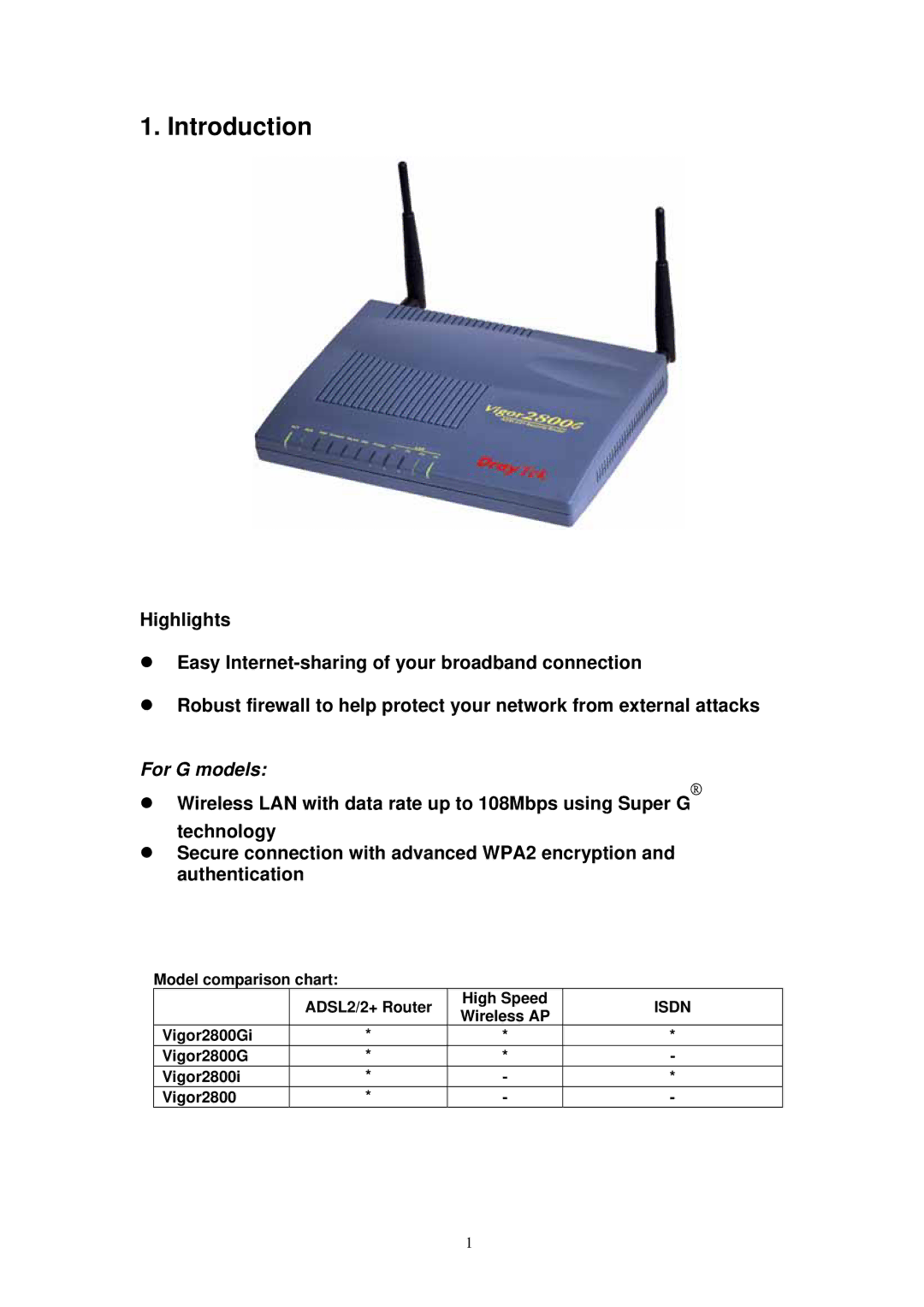 Draytek 2800 manual Introduction, For G models 