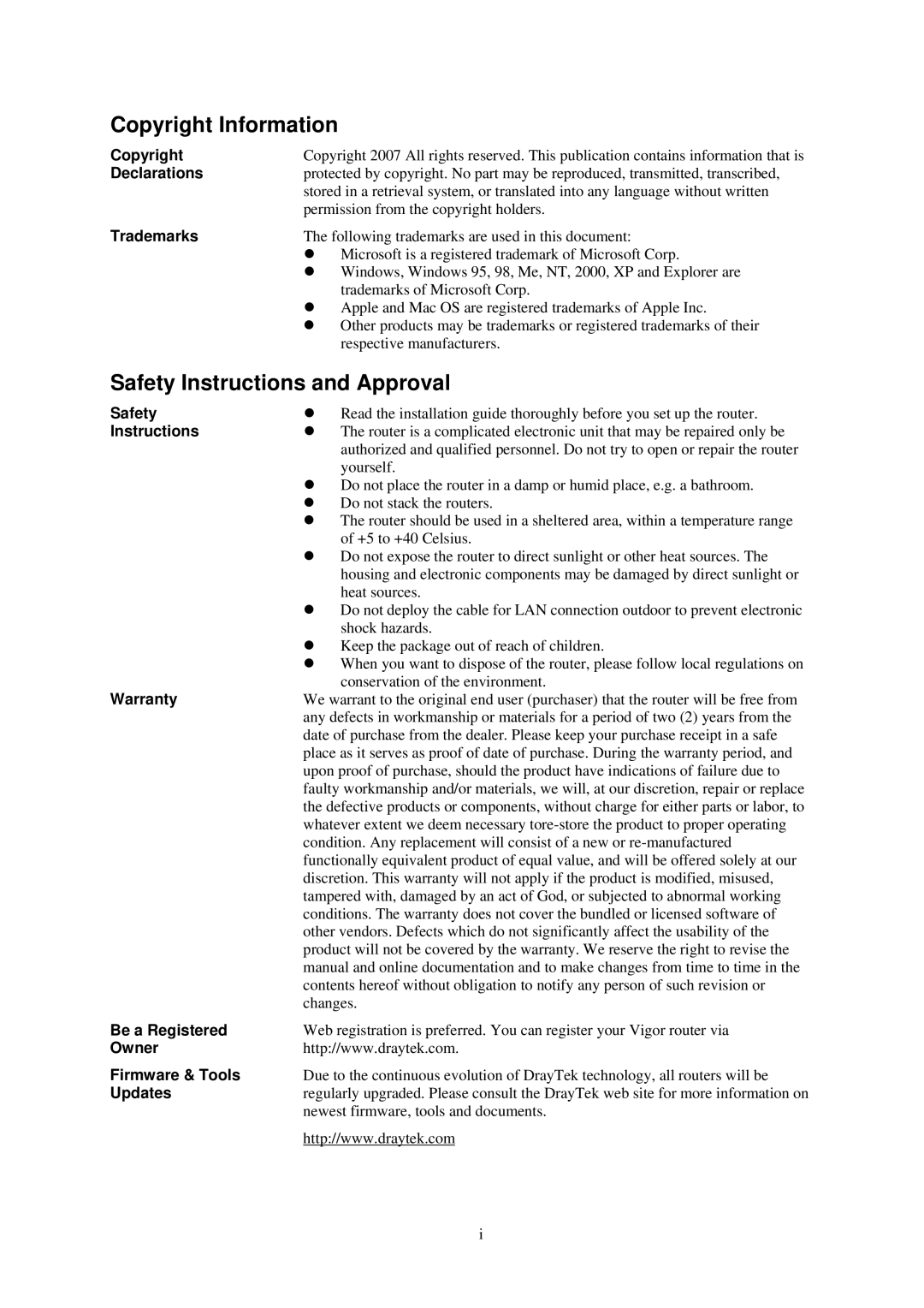 Draytek 2820 Series quick start Copyright Information, Safety Instructions and Approval 