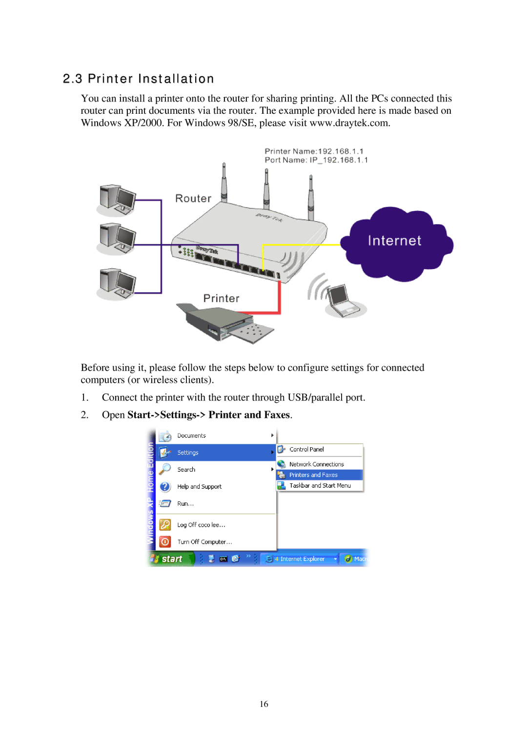 Draytek 2820 Series quick start Printer Installation, Open Start-Settings- Printer and Faxes 