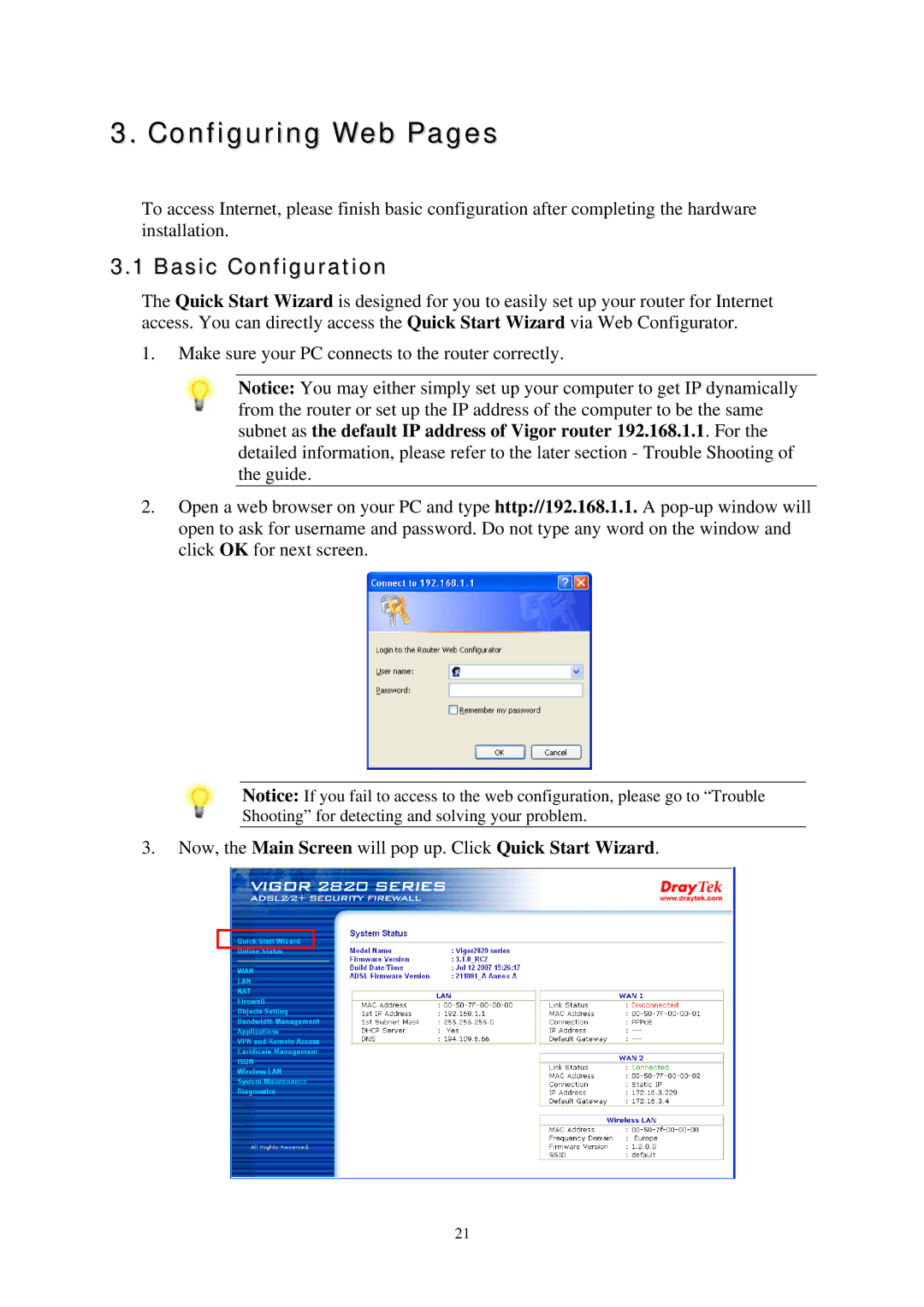 Draytek 2820 Series quick start Configuring Web Pages, Basic Configuration 