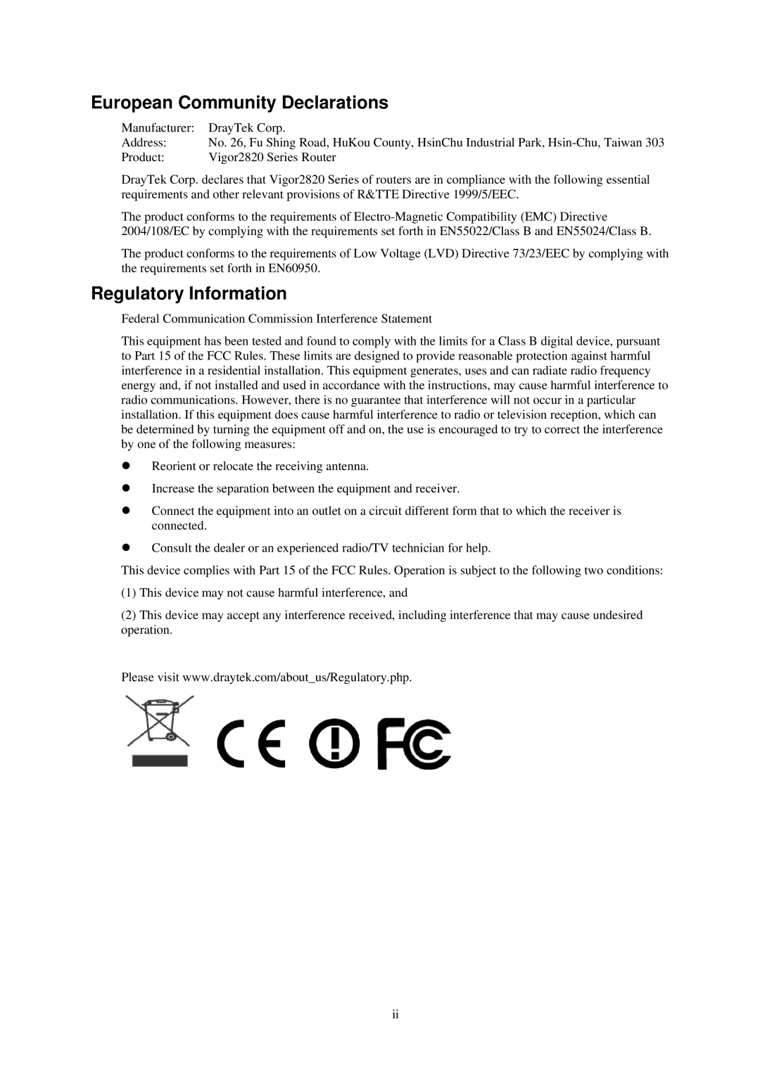 Draytek 2820 Series quick start European Community Declarations, Regulatory Information 