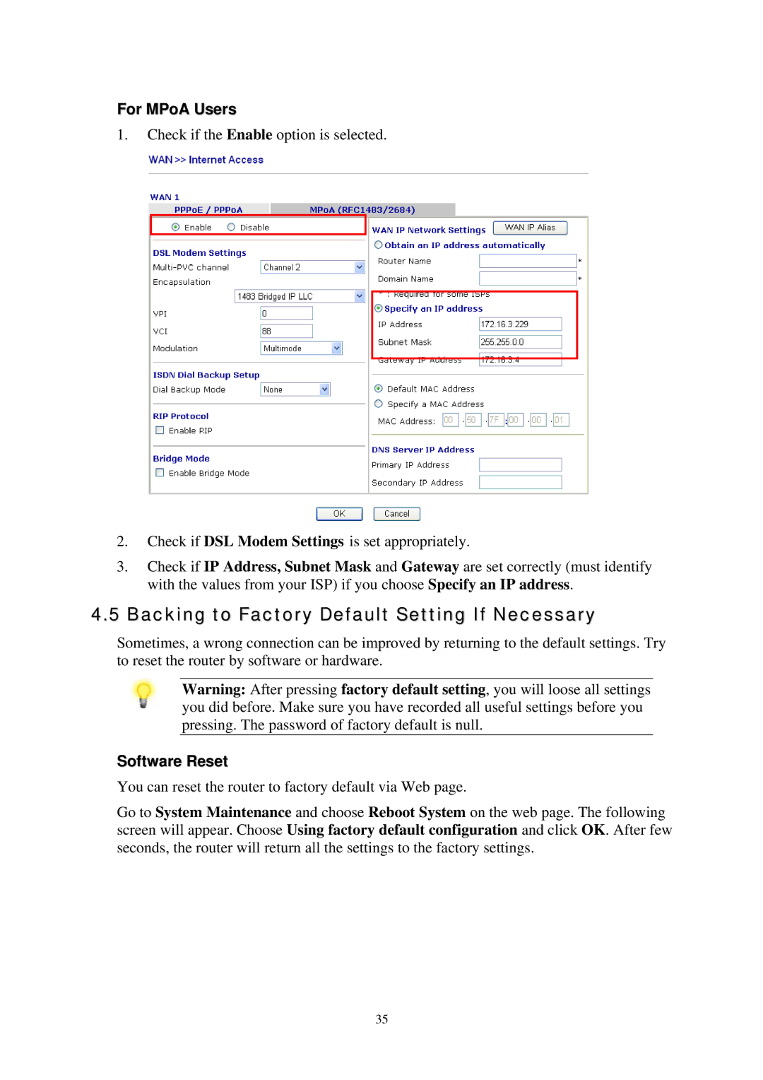 Draytek 2820 Series quick start Backing to Factory Default Setting If Necessary, For MPoA Users, Software Reset 