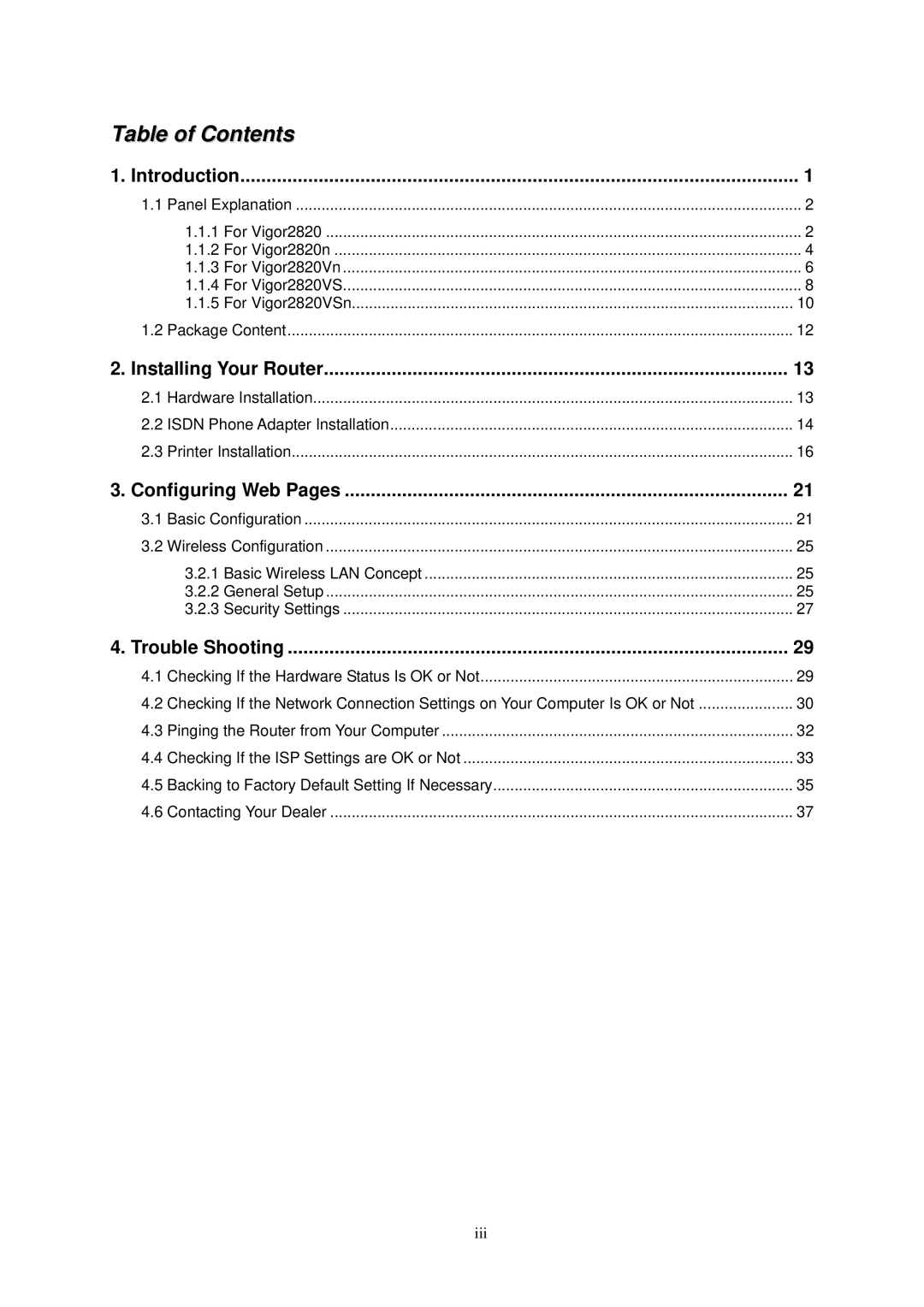 Draytek 2820 Series quick start Table of Contents 