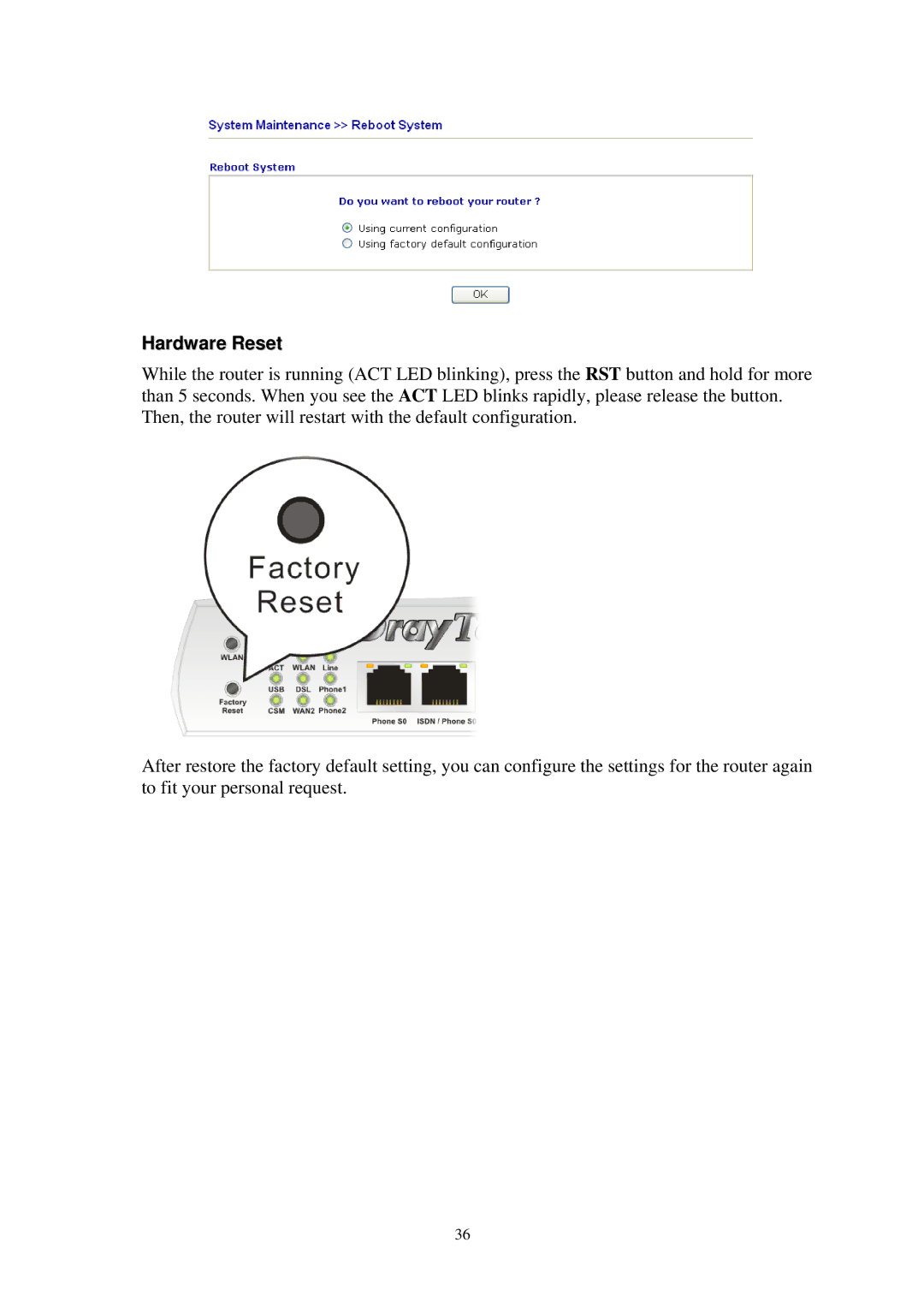 Draytek 2820 Series quick start Hardware Reset 