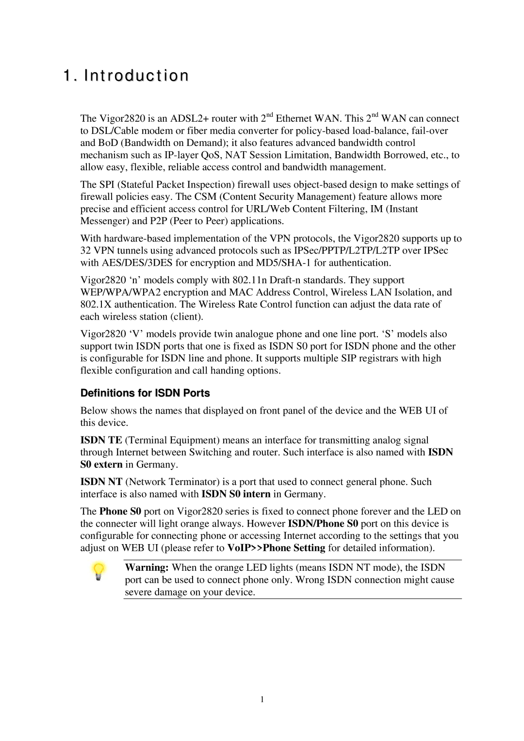 Draytek 2820 Series quick start Introduction, Definitions for Isdn Ports 