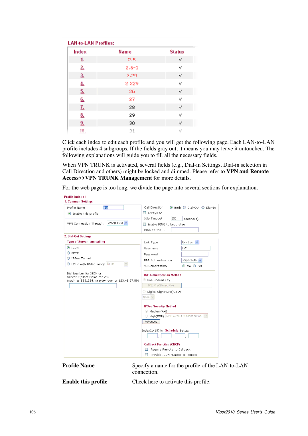 Draytek 2910 manual Profile Name, Enable this profile 