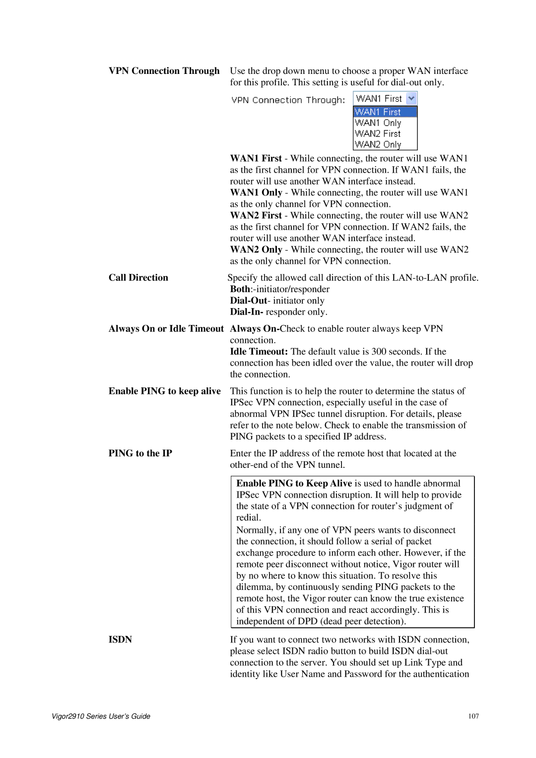 Draytek 2910 manual Call Direction, Ping to the IP, Enable Ping to Keep Alive is used to handle abnormal 