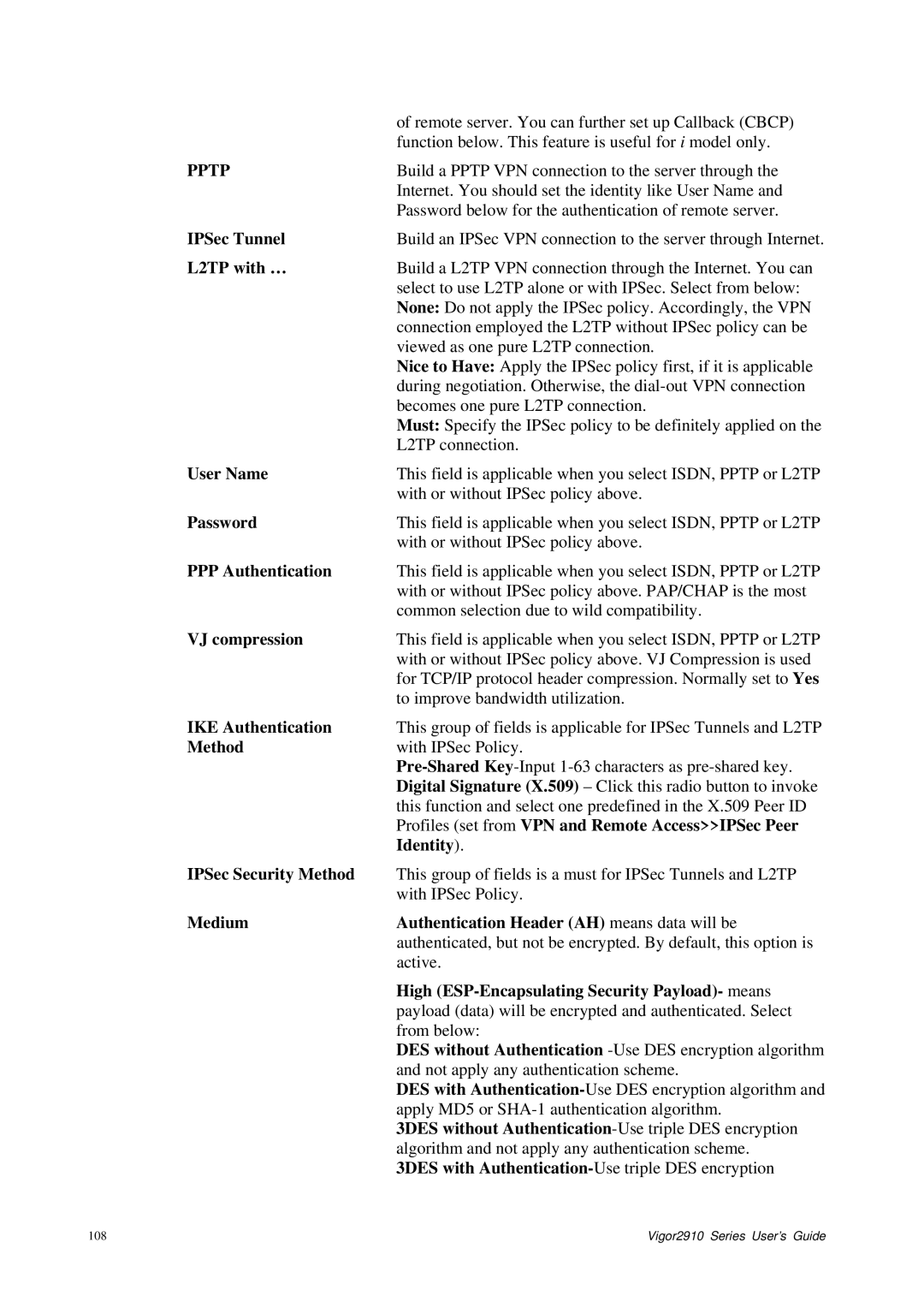 Draytek 2910 manual L2TP with …, PPP Authentication, VJ compression, IKE Authentication, Method, Identity 