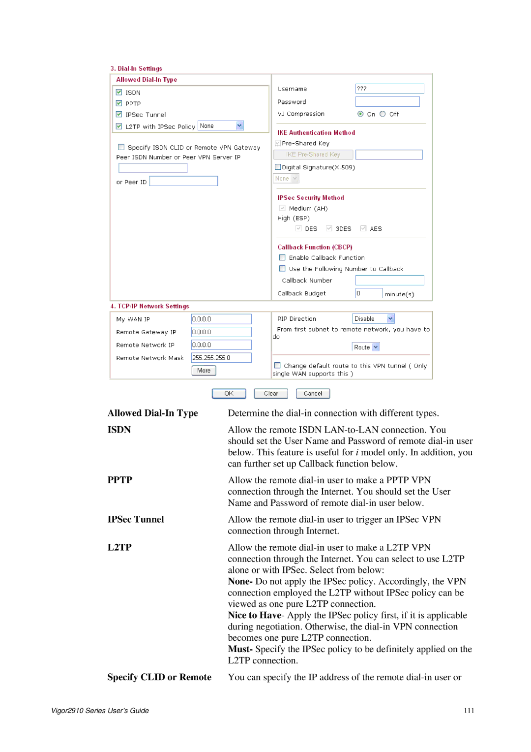 Draytek 2910 manual Allowed Dial-In Type, Specify Clid or Remote 