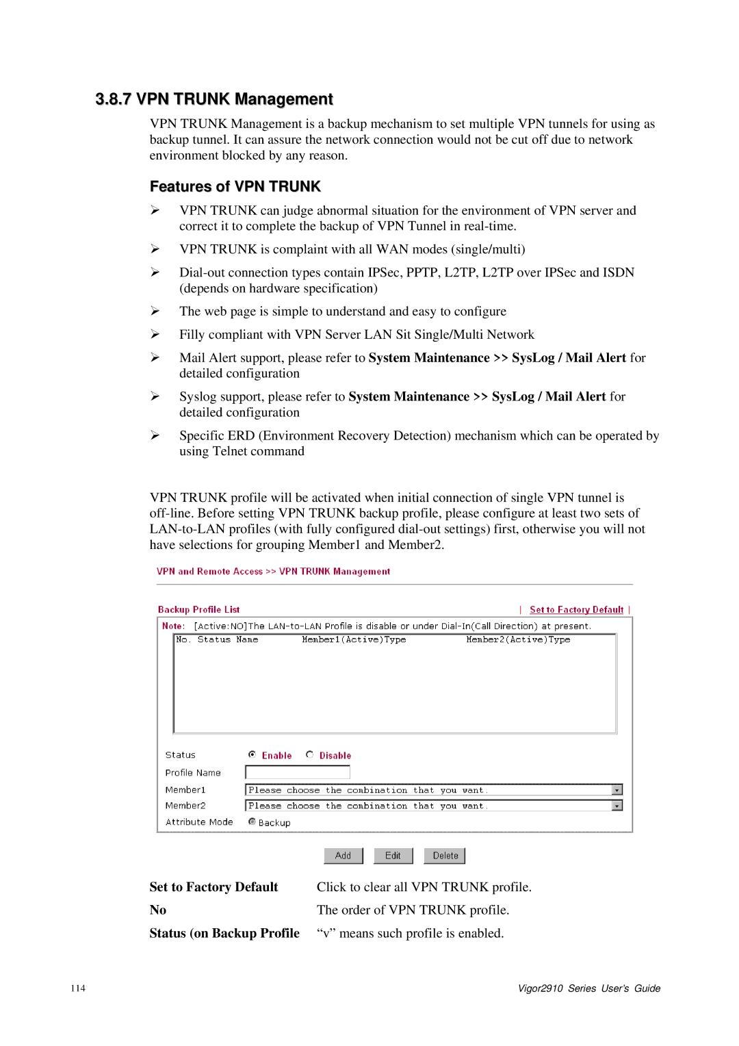 Draytek 2910 manual VPN Trunk Management, Features of VPN Trunk 