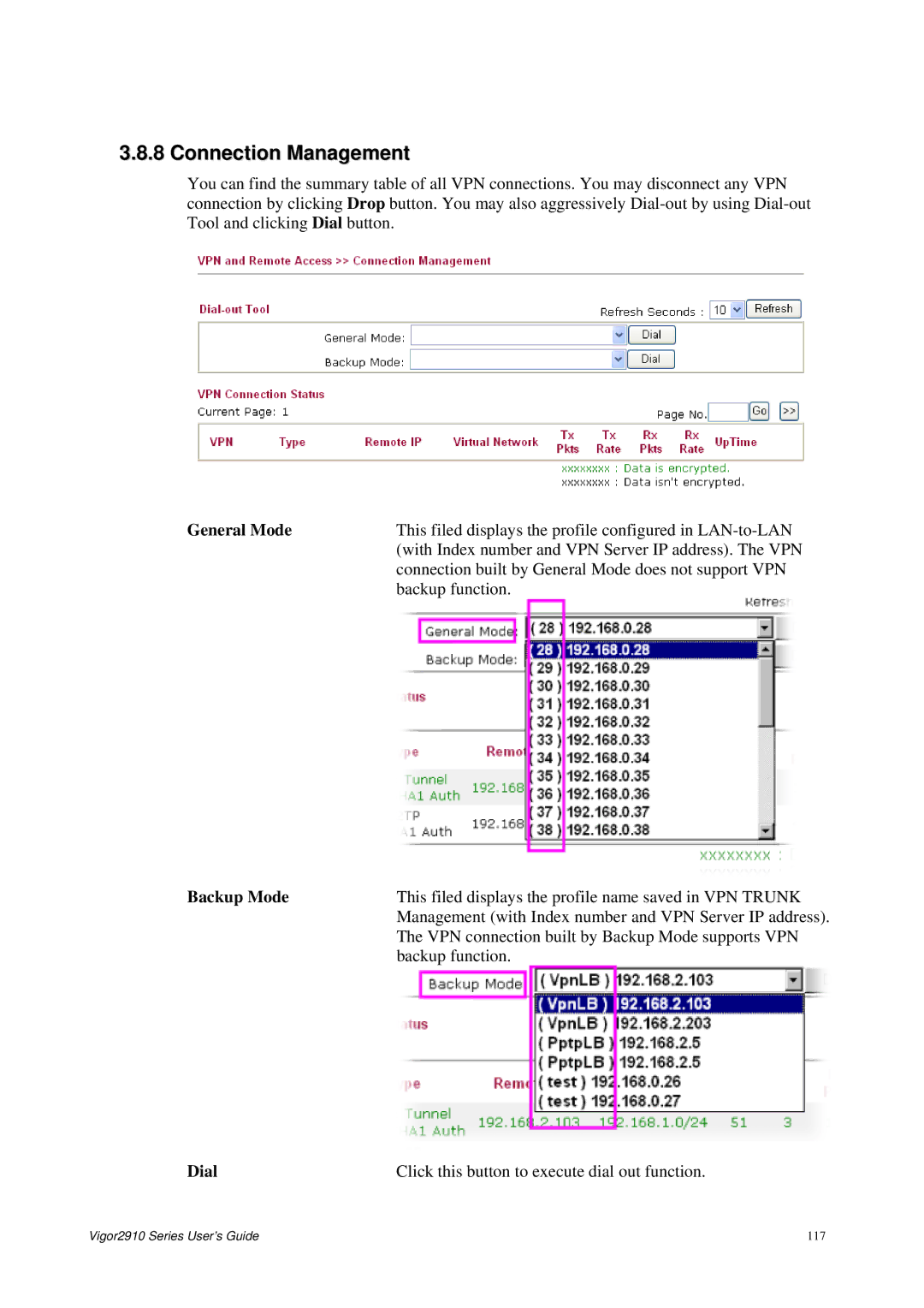 Draytek 2910 manual Connection Management, General Mode, Backup Mode 