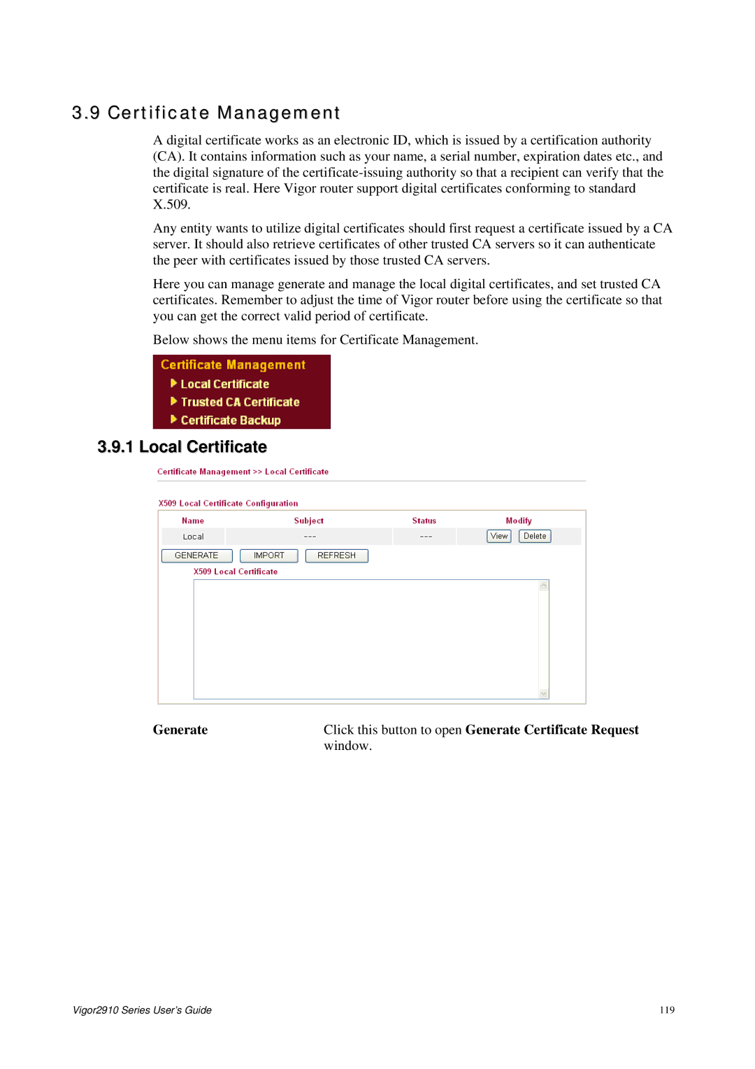 Draytek 2910 manual Certificate Management, Local Certificate, Generate 