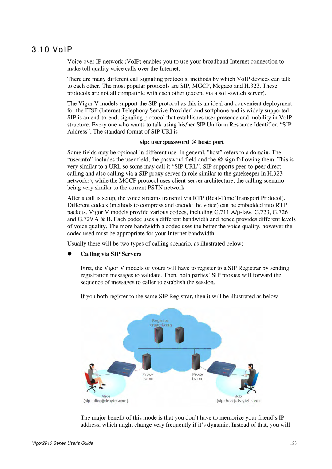 Draytek 2910 manual VoIP, Sip userpassword @ host port, Calling via SIP Servers 