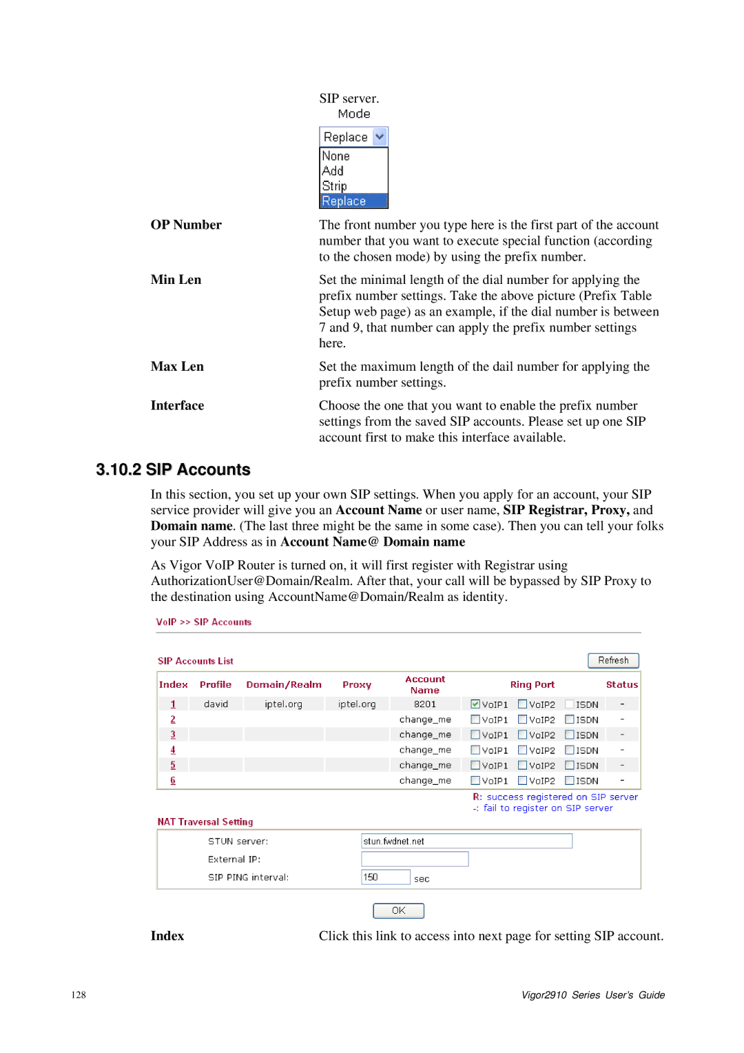 Draytek 2910 manual SIP Accounts, OP Number, Min Len, Max Len 