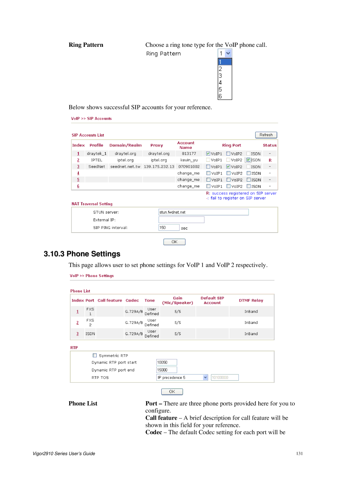 Draytek 2910 manual Phone Settings, Phone List 