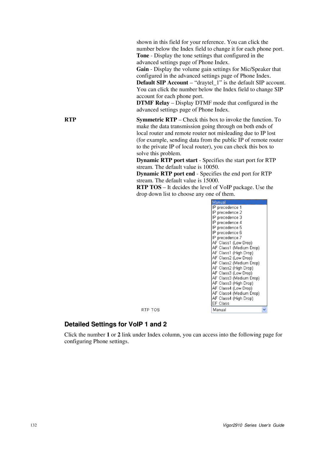 Draytek 2910 manual Detailed Settings for VoIP 1, Rtp 