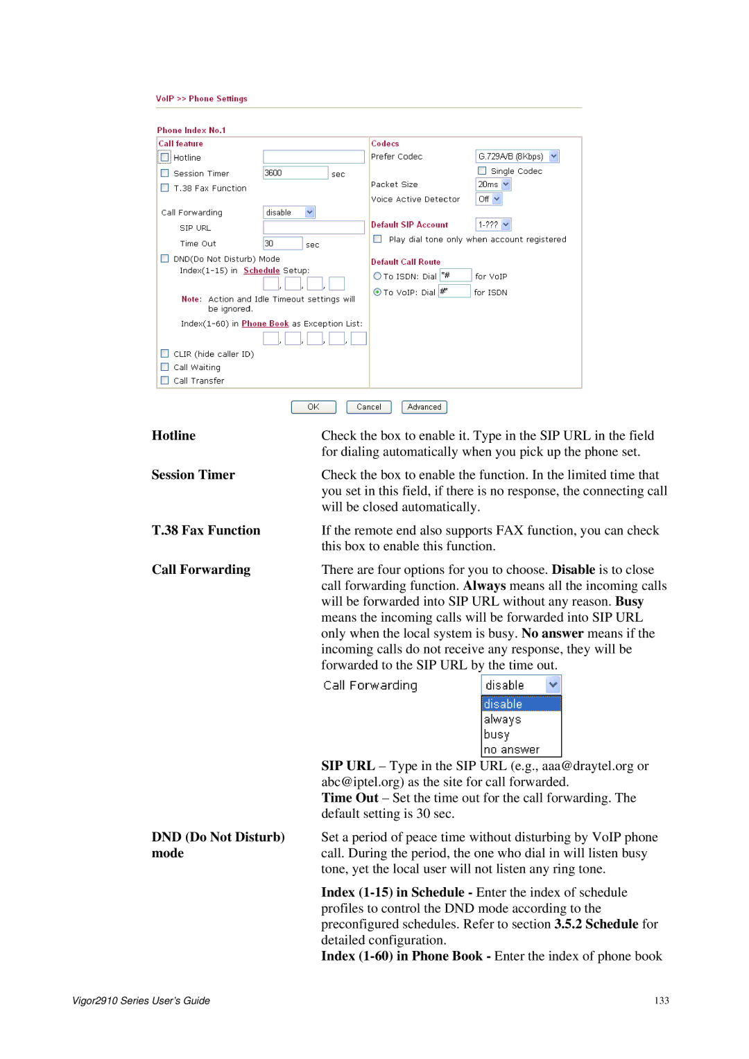 Draytek 2910 Hotline, Session Timer, Fax Function, Call Forwarding, Index 1-60 in Phone Book Enter the index of phone book 