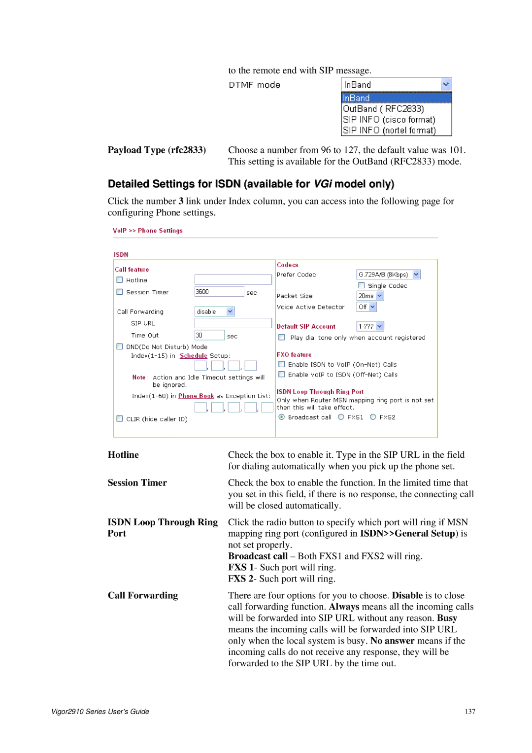 Draytek 2910 manual Detailed Settings for Isdn available for VGi model only, Port 