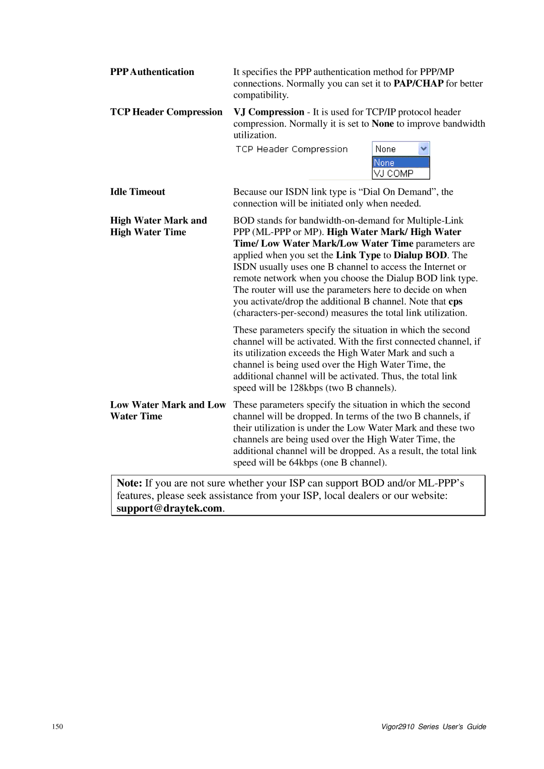 Draytek 2910 manual TCP Header Compression, High Water Mark 