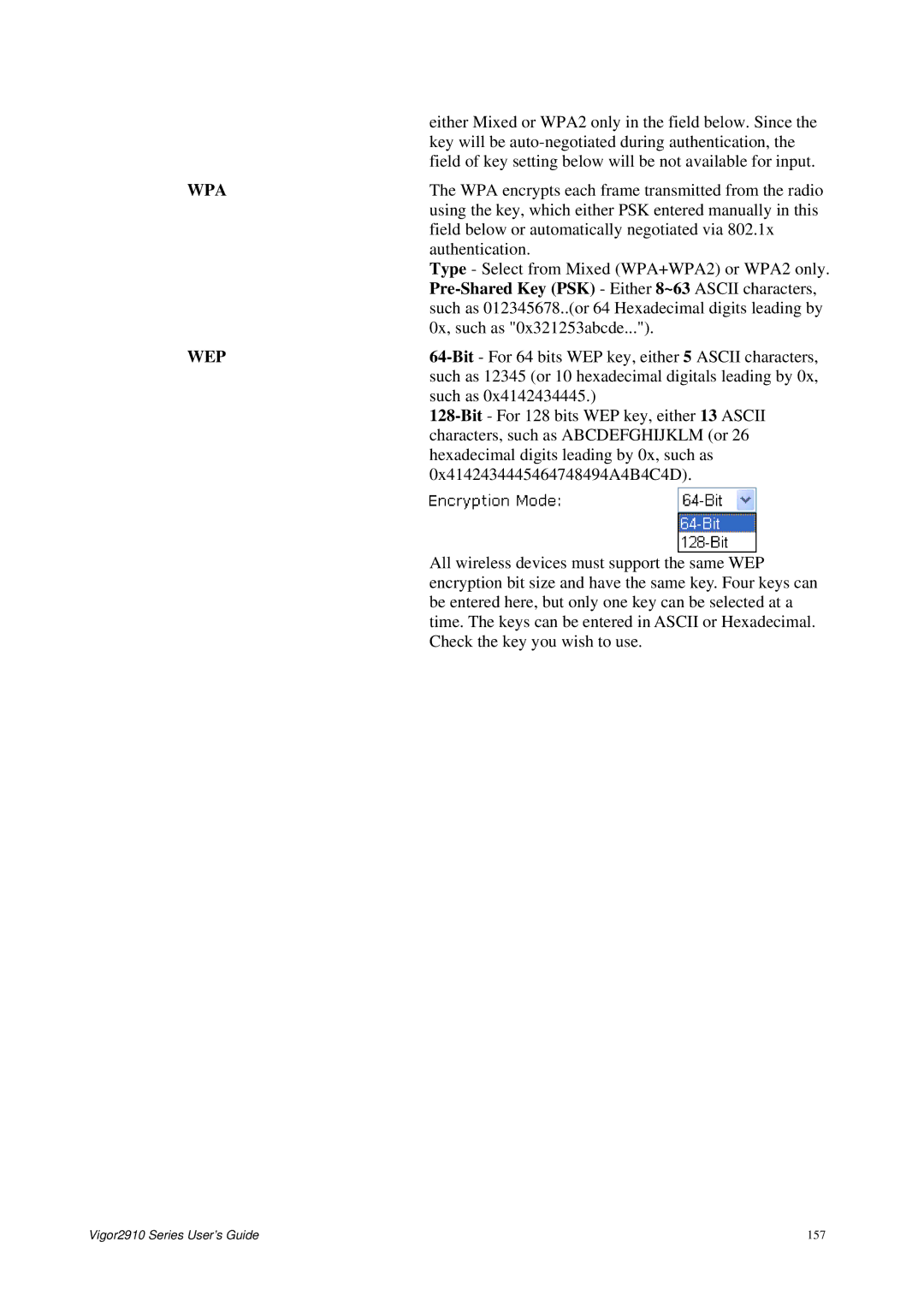 Draytek 2910 manual Wpa, Pre-Shared Key PSK Either 8~63 Ascii characters, Wep 