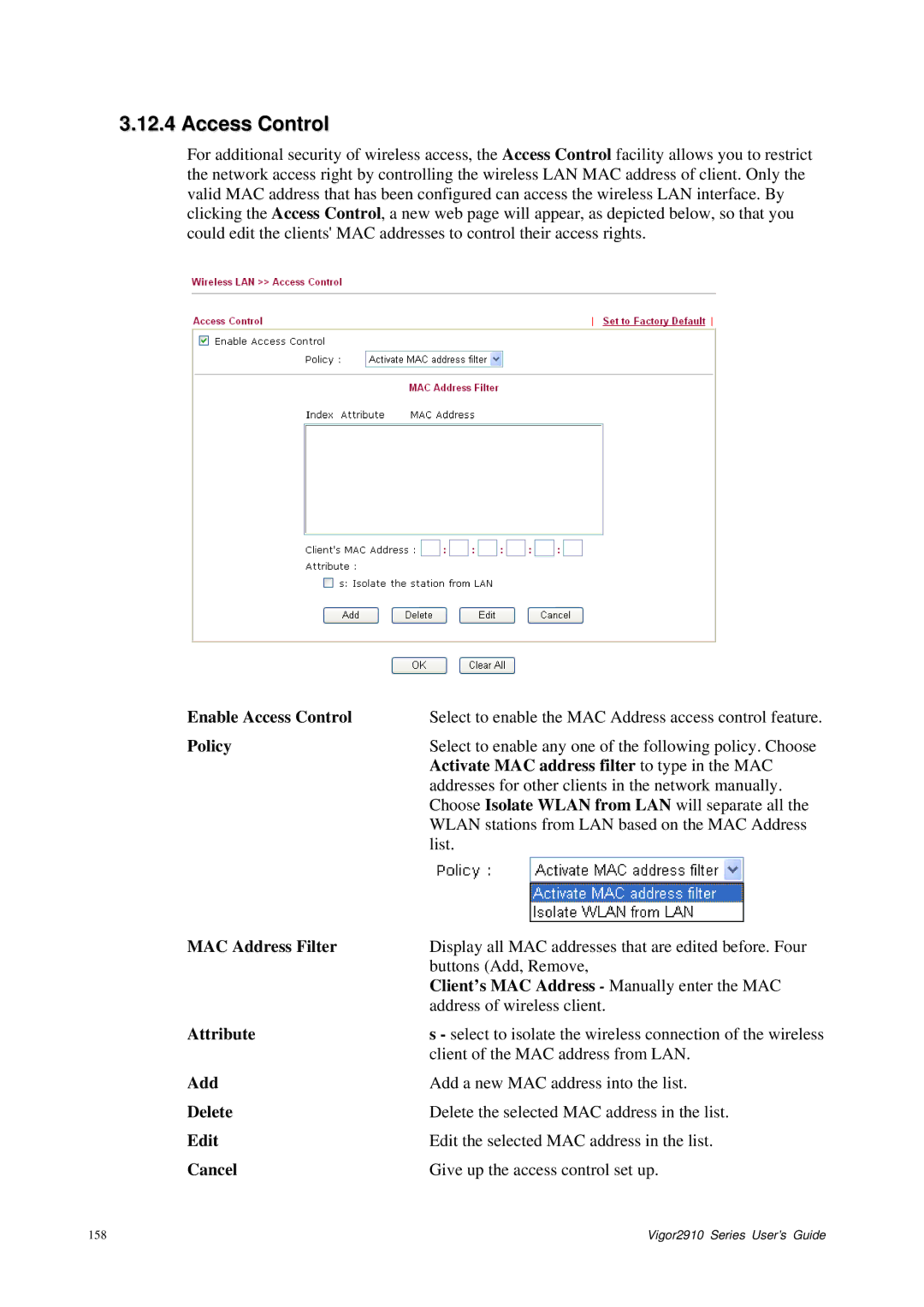 Draytek 2910 manual Access Control 