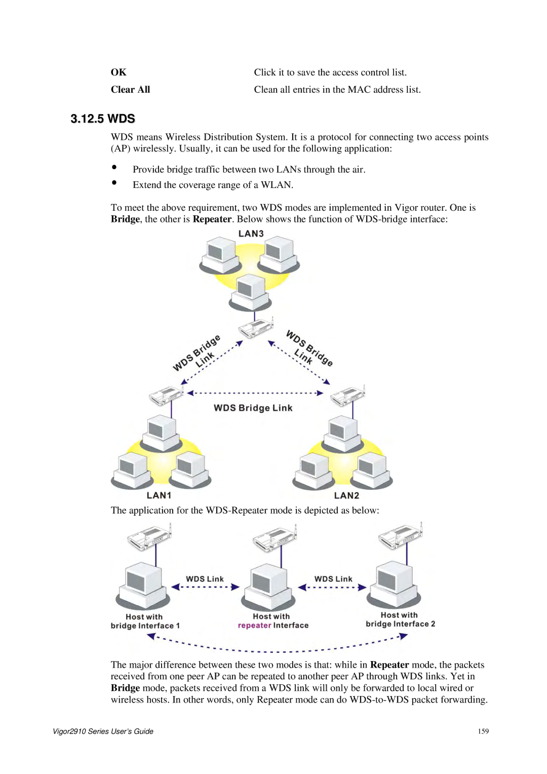 Draytek 2910 manual 12.5 WDS, Click it to save the access control list, Clear All Clean all entries in the MAC address list 