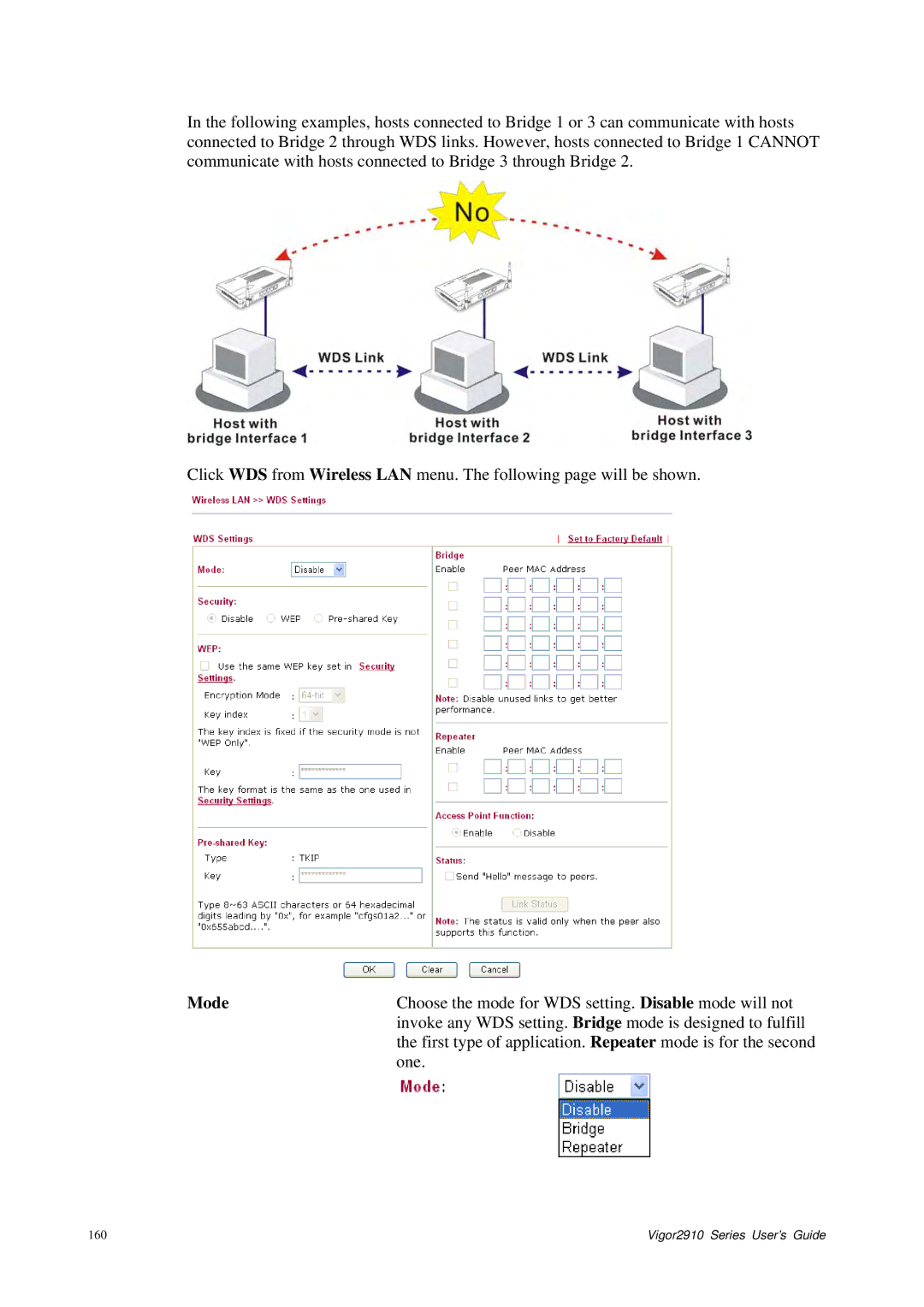 Draytek 2910 manual Choose the mode for WDS setting. Disable mode will not 