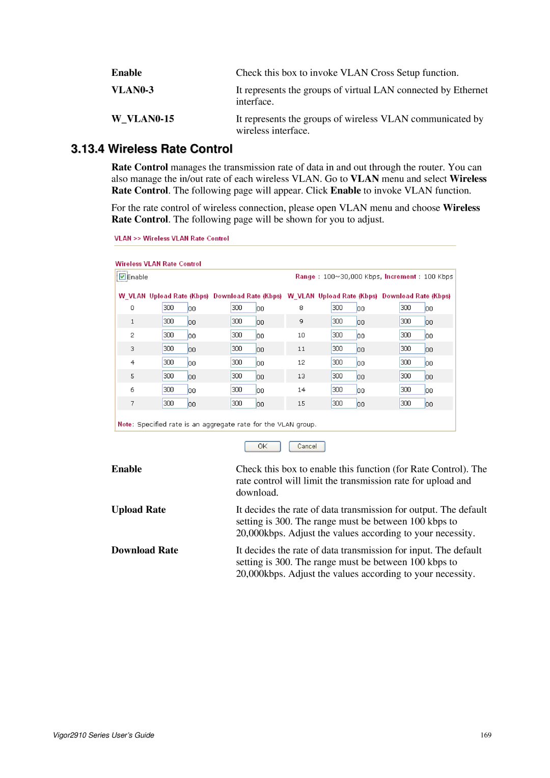 Draytek 2910 manual Wireless Rate Control, WVLAN0-15, Upload Rate, Download Rate 