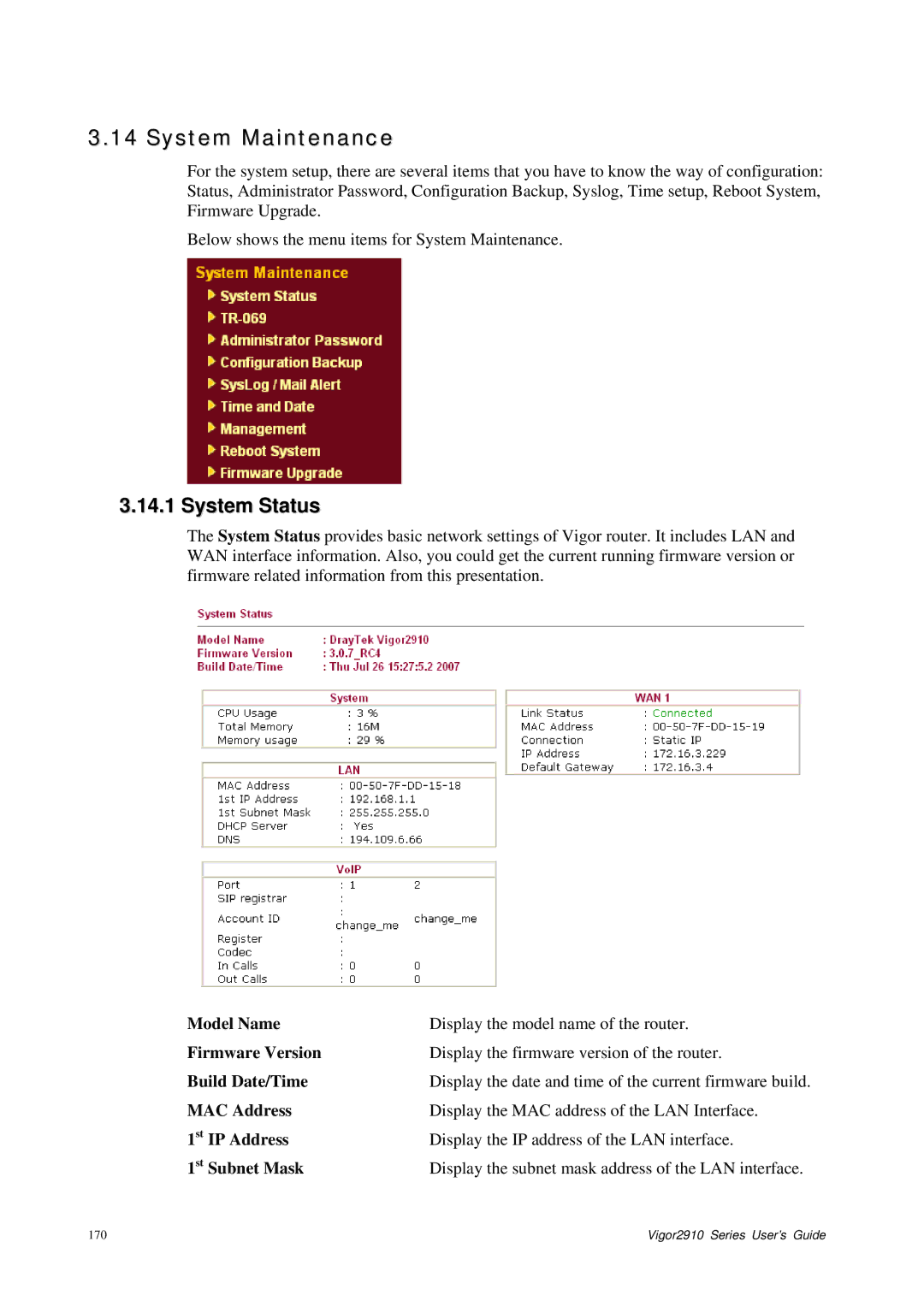 Draytek 2910 manual System Maintenance, System Status 