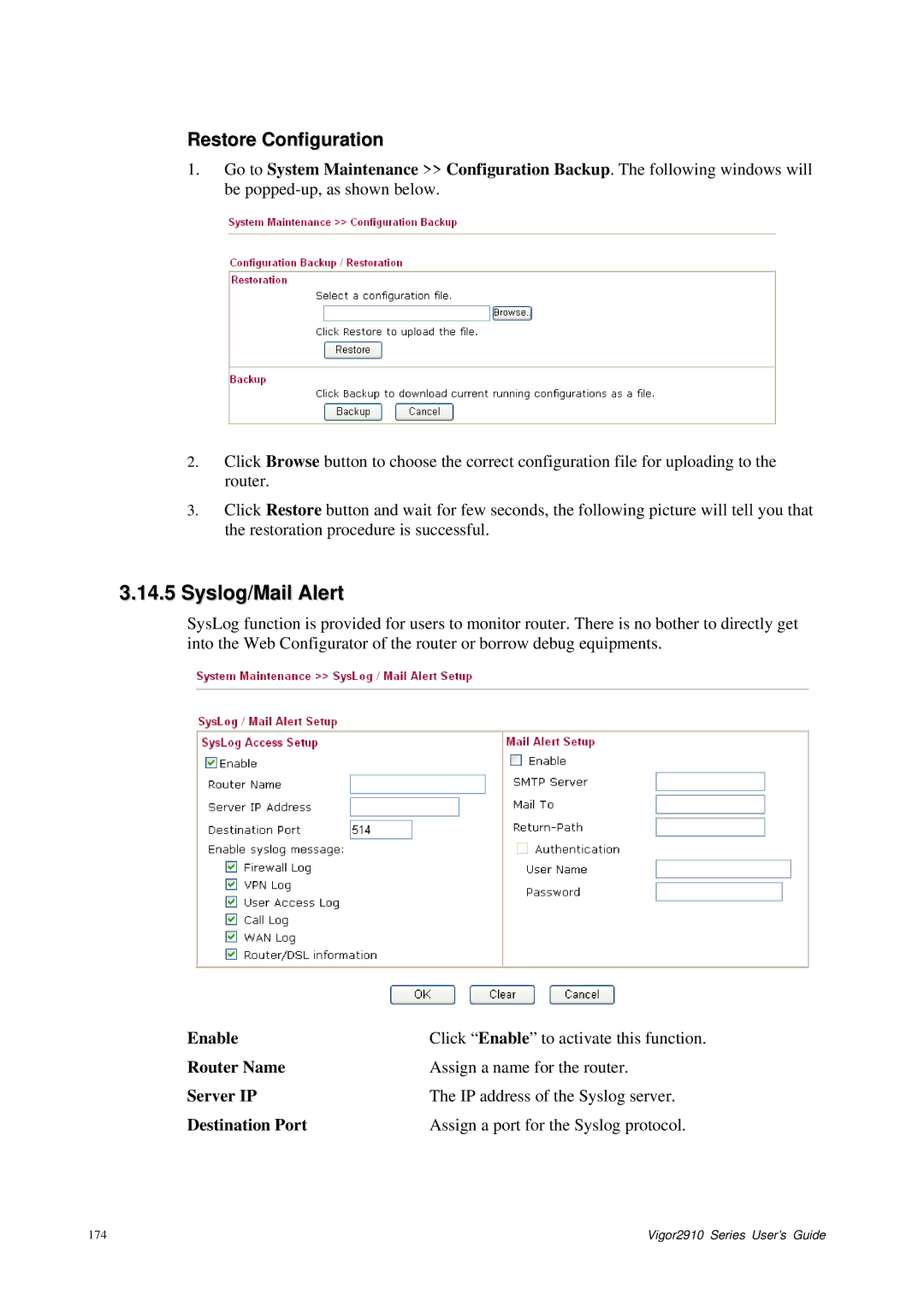 Draytek 2910 manual Syslog/Mail Alert, Restore Configuration 