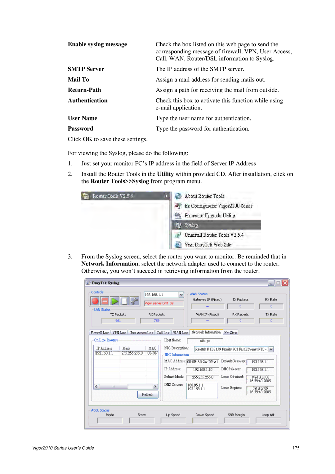 Draytek 2910 manual Enable syslog message, Smtp Server, Mail To, Return-Path, Authentication 