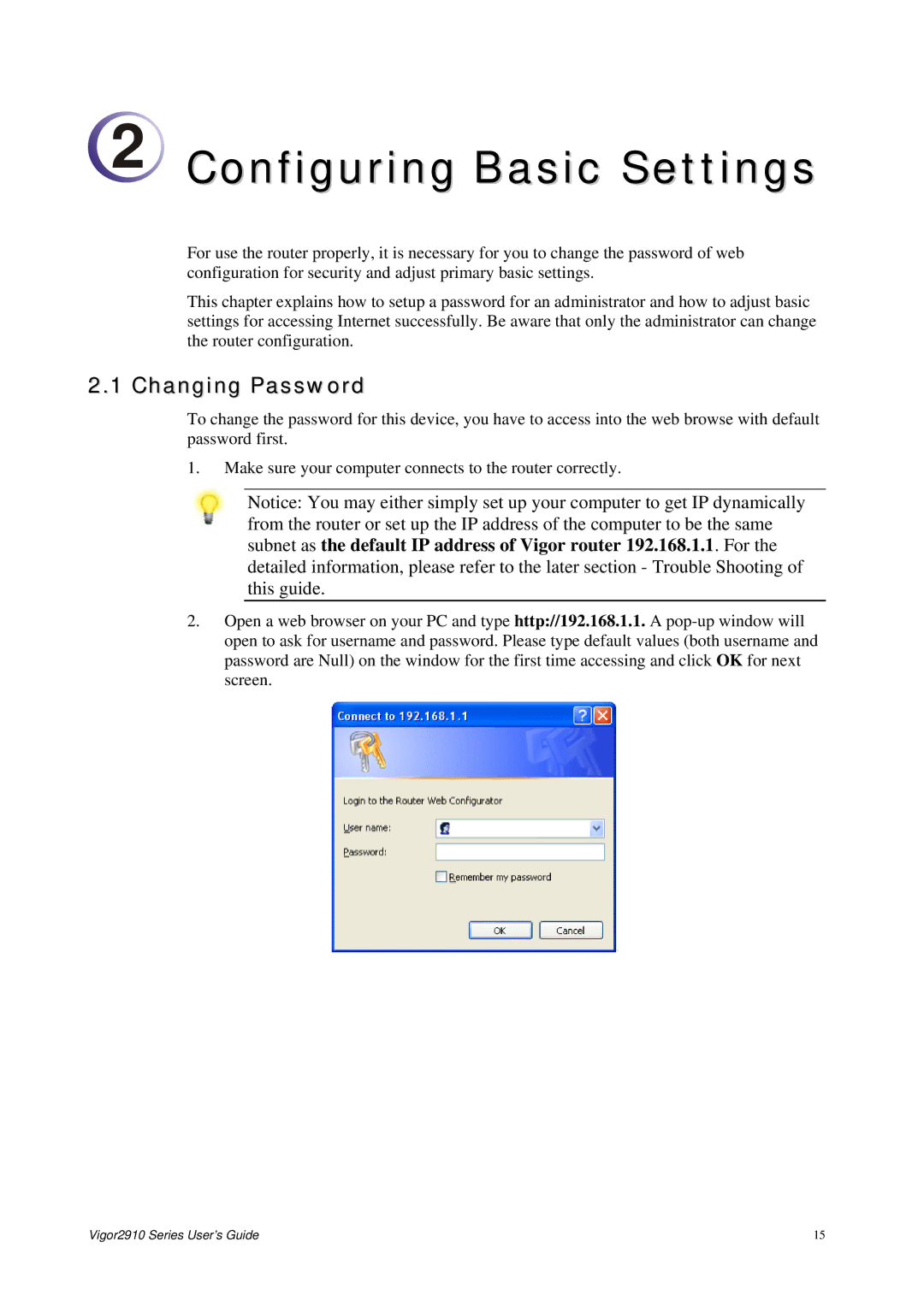 Draytek 2910 manual Configuring Basic Settings, Changing Password 