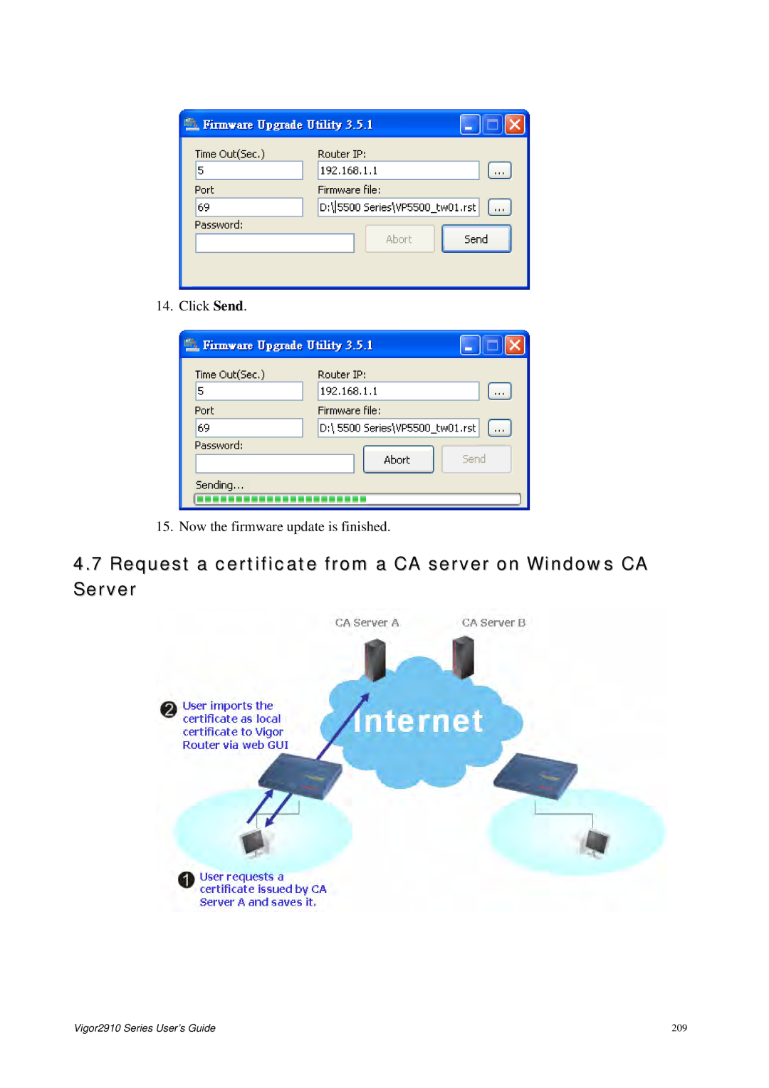 Draytek 2910 manual Request a certificate from a CA server on Windows CA Server 