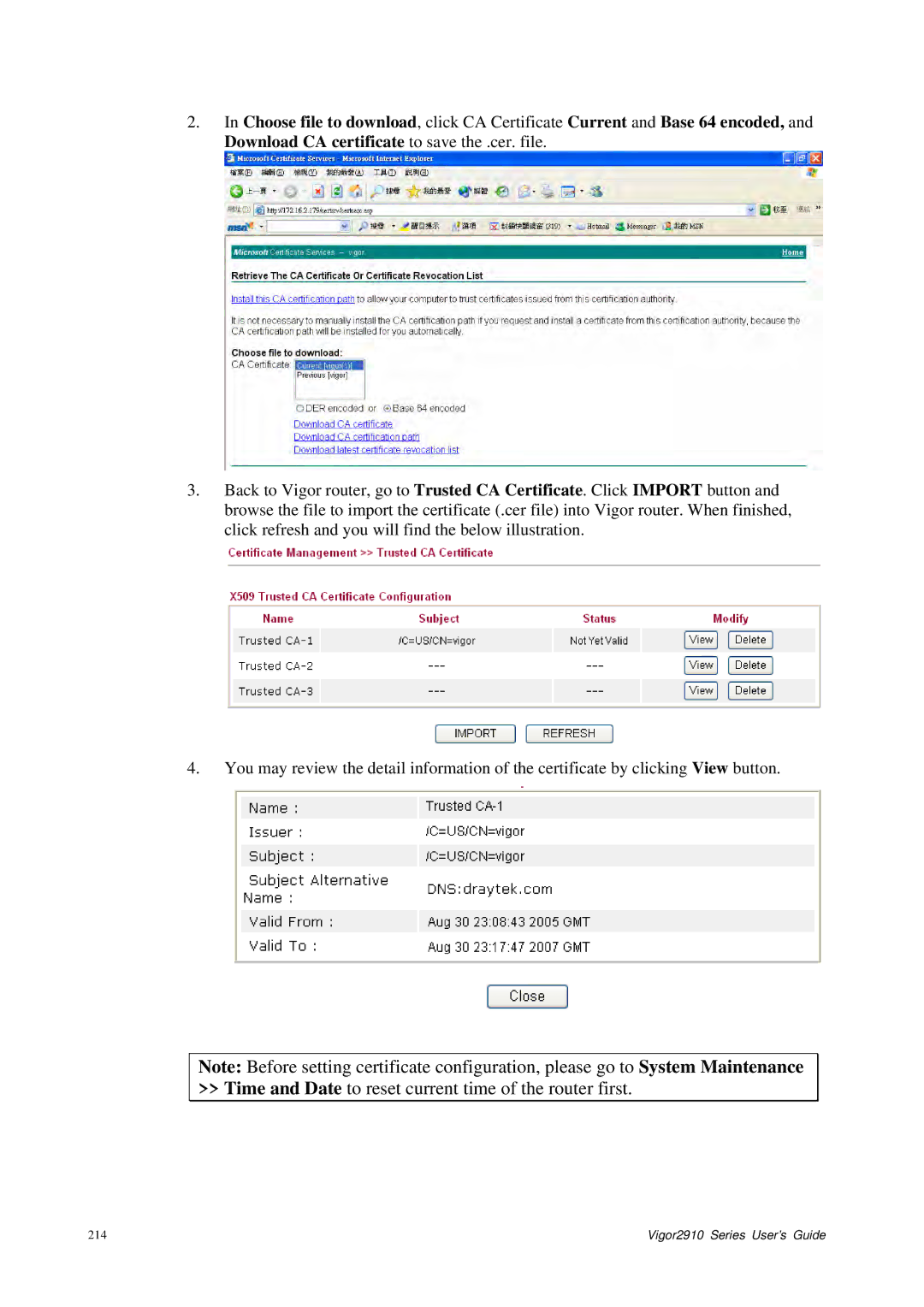 Draytek 2910 manual Time and Date to reset current time of the router first 