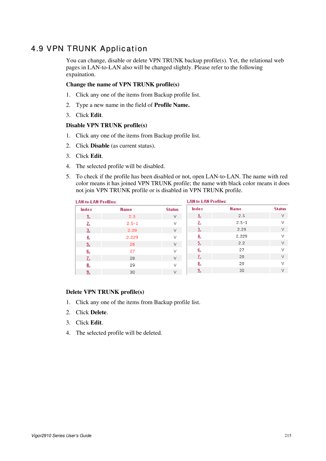 Draytek 2910 manual VPN Trunk Application, Change the name of VPN Trunk profiles, Disable VPN Trunk profiles 